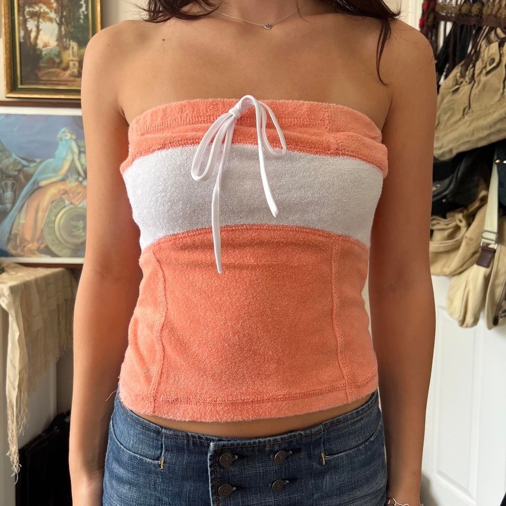 90s Street Code Orange and White Streetwear Style Tube Top LARGE - Picture 2 of 4